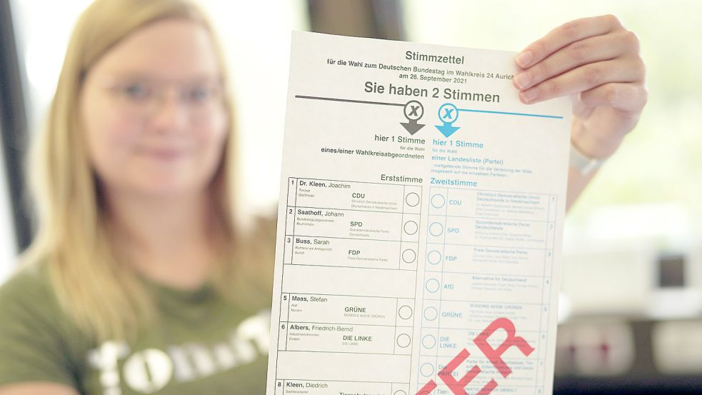 Die für Wahlen zuständige Abteilungsleiterin beim Landkreis Aurich, Vera Schoone, zeigt einen der Wahlzettel für die Bundestagswahl am Sonntag. Foto: Landkreis Aurich