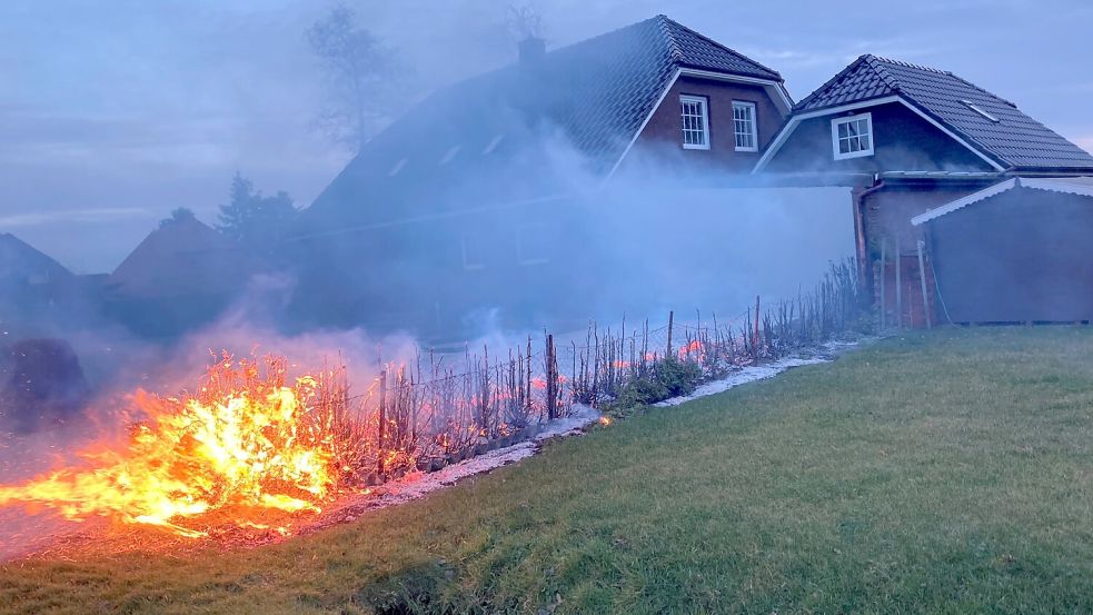Die Hecke brannte vor einer Woche komplett nieder. Das Feuer griff gleich zu Beginn auf den Carport und das Gartenhaus über. Foto: Holger Janssen