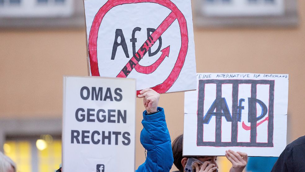 Ein Plakat „Omas gegen Rechts“ und „AfD raus!“ ist bei einer Demonstration gegen Rechtsextremismus in Gütersloh zu sehen. Foto: dpa/Friso Gentsch