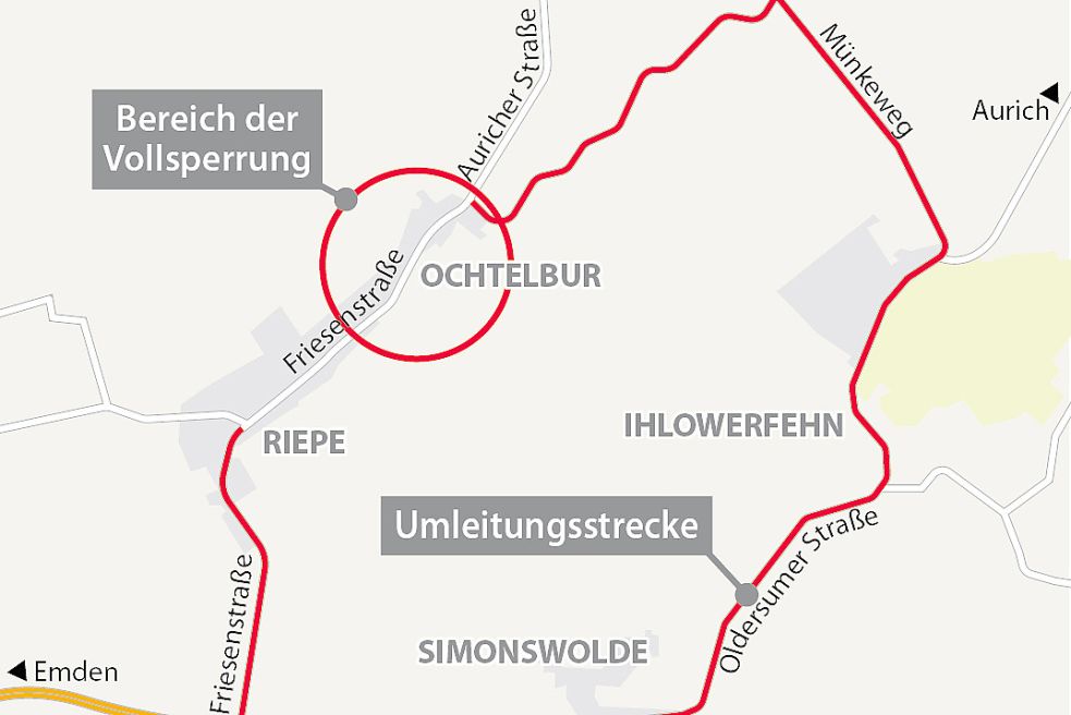 Die Umleitung erfolgt während der Bauphase über Simonswolde, Ihlowerfehn, Ludwigsdorf und Bangstede. Grafik: Jan Fischer