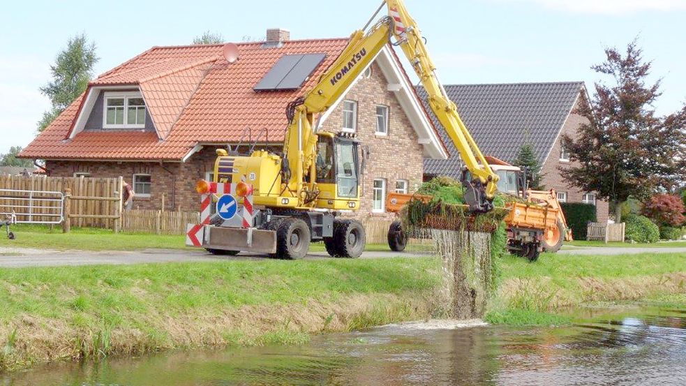 Mit Bagger und Mähkorb entfernen Mitarbeiter des Bauhofes der Gemeinde Großefehn die tropische Pflanze „Brasilianisches Tausendblatt“ aus dem Spetzerfehnkanal. Foto: Trauernicht