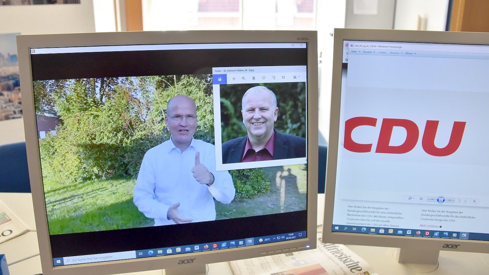 Daumen hoch für den Bürgermeisterkandidaten Heinrich Ubben (kleines Foto). So grüßt CDU/CSU-Fraktionschef Ralph Brinkhaus in seinem Video. Foto: Thomas Dirks