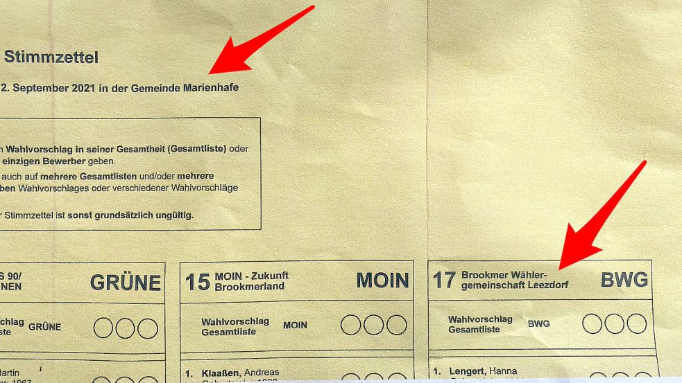 Auf dem Stimmzettel für die Ratswahl in Marienhafe steht hinter dem Wahlvorschlag BWG der Zusatz „Leezdorf“. Foto: Holger Janssen