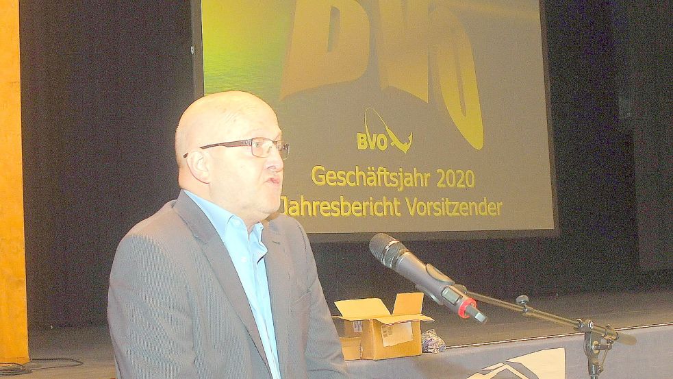 BVO-Vorsitzender Onno Behrends während seines Rechenschaftsberichtes. Foto: Gerd-Arnold Ubben