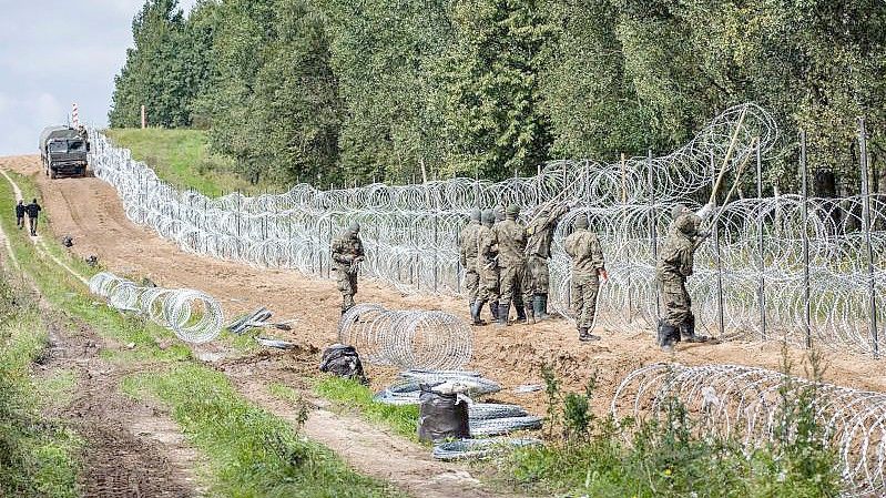 Polnische Soldaten errichten Anfang September einen Stacheldrahtzaun entlang der polnisch-belarussischen Grenze. In dem Grenzgebiet sind die Leichen von drei Menschen gefunden worden. Foto: Attila Husejnow/SOPA Images via ZUMA Press Wire/dpa