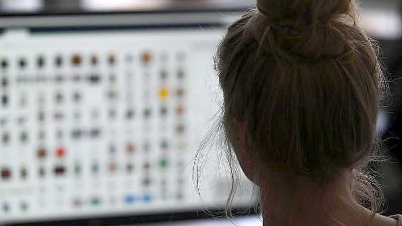 Eine Kriminaloberkommissarin vor einem Auswertungscomputer auf der Suche nach Kinderpornografie. Foto: Arne Dedert/dpa