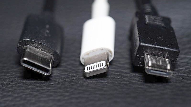 Ein USB-C (l-r), ein Apple Lightning und ein Micro-USB Kabel (l-r) liegen nebeneinander. Foto: Mohssen Assanimoghaddam/dpa