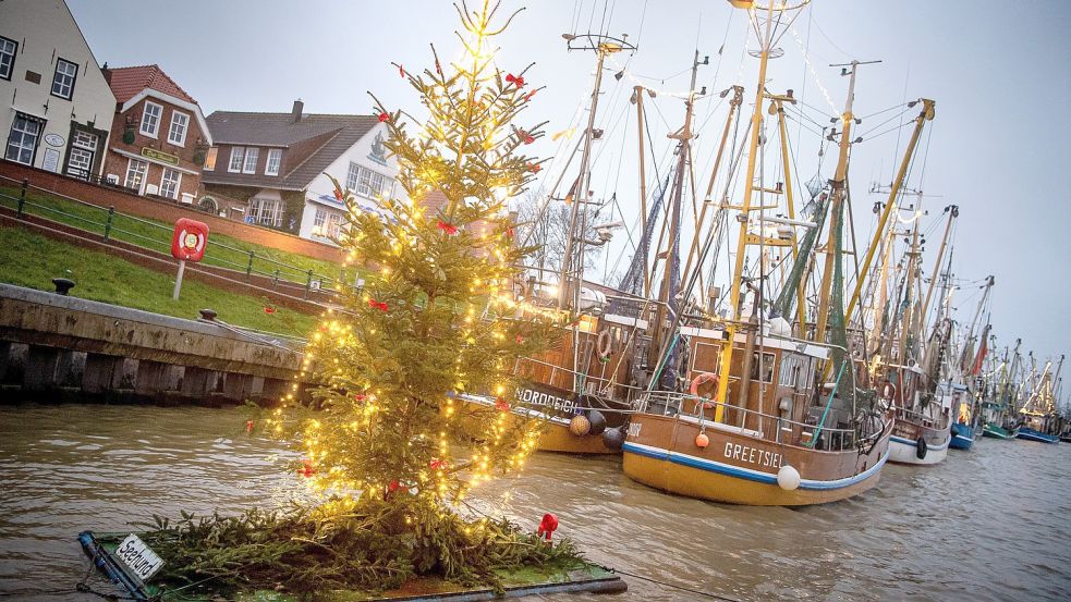 Ein festlich geschmückter Weihnachtsbaum steht am Hafen von Greetsiel neben den beleuchten Krabbenkuttern. Foto: DPA