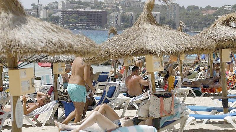 Einheimische und Touristen liegen am Strand Cala Major in Palma de Mallorca. Foto: Clara Margais/dpa