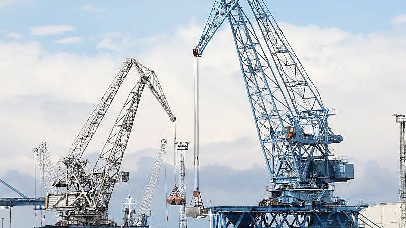 In einem Seehafen an der Ostsee wird ein Schiff mit Kränen abgefertigt. Foto: Bernd Wüstneck/dpa-Zentralbild/dpa