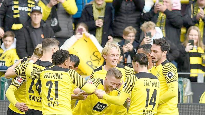 BVB-Torschütze Marco Reus (M) wird nach seinem Treffer von seinen Mitspielern gefeiert. Foto: Bernd Thissen/dpa