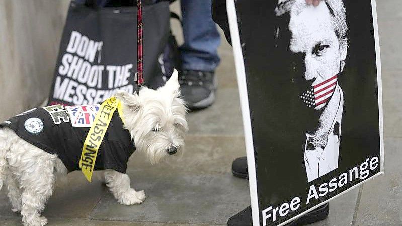 Eine Protestteilnehmerin hält während der Demonstration vor dem Gericht in London ein Plakat, auf dem Julian Assange abgebildet ist. Foto: Kirsty Wigglesworth/AP/dpa