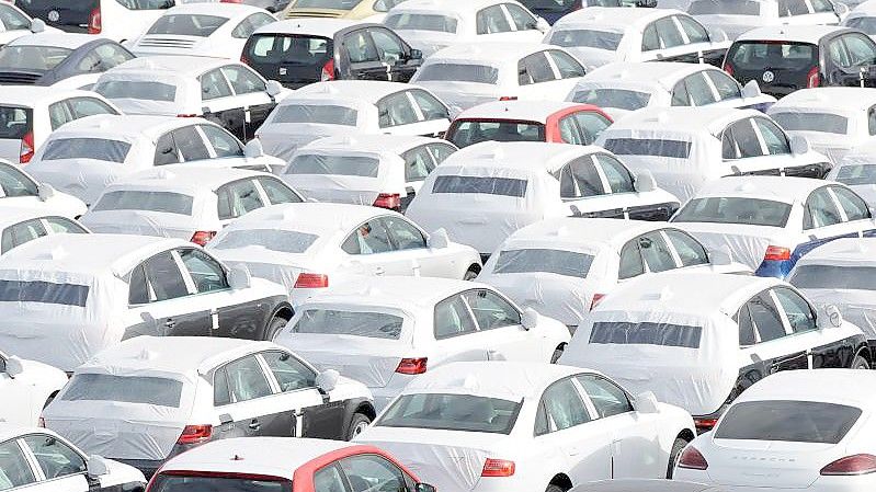 Unterschiedliche neue Auto-Modelle auf dem Autoterminal im Hafen, direkt am VW-Werk in Emden. Foto: Ingo Wagner/dpa