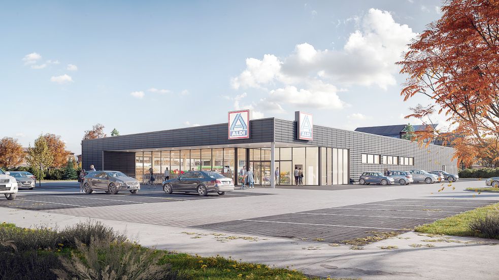 So könnte der geplante neue Aldi-Markt in Moordorf aussehen. Grafik: Aldi Nord