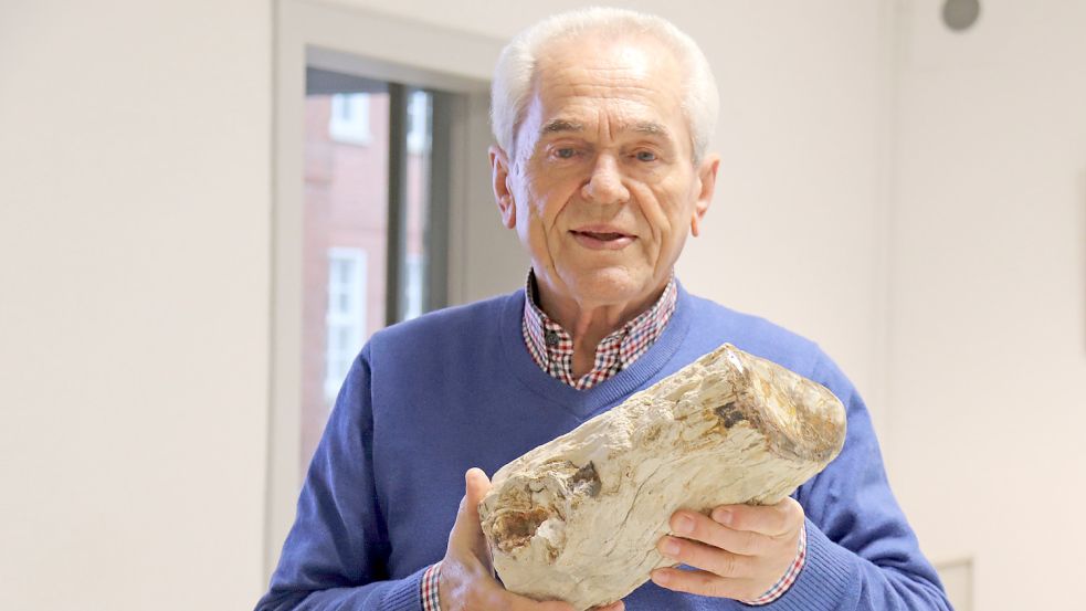 Hobby-Geologe Manfred Nittmann zeigt seine Funde, darunter einen versteinerten Baumstamm, ab kommenden Montag in einer Ausstellung. Foto: Heino Hermanns