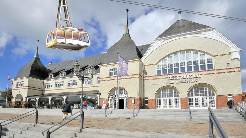 Zielbahnhof für die Gondeln: Westerland. Die Fahrt sollte in Husum beginnen, hat der Bredstedter Siegmar Wallat bereits vor Jahresfrist vorgeschlagen. Foto: Foto Imago / Montage Nobis