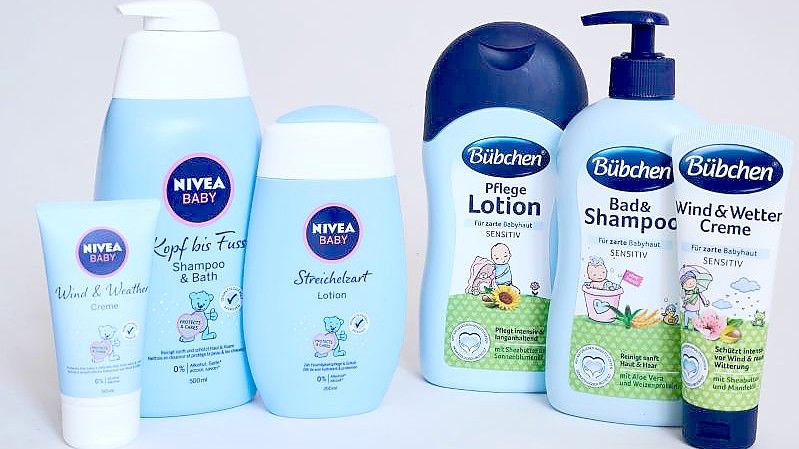 Unterschiedliche Pflege-Produkte für Babys der Marken Bübchen und Nivea. Foto: Annette Riedl/dpa