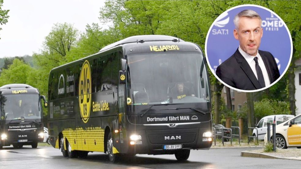 Mit einem ähnlichen Bus wollte Sebastian Pufpaff ins Stadion gelangen. Foto: Collage: imago images / Future image / Matthias Koch