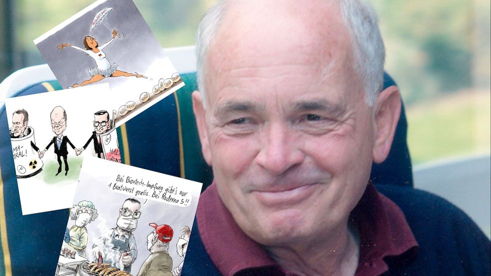 Die Karikaturen der Neuen Osnabrücker Zeitung animieren den ehemaligen Osnabrücker Kinderarzt Jürgen Schwarz zum Reimen. Die Verse sind sein persönlicher Kommentar auf gezeichnete politische Botschaften. Foto: privat; NOZ; Klaus Stuttmann; Burkhard Mohr