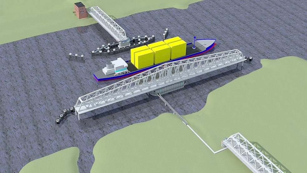 Die Grafik zeigt die geplante neue Friesenbrücke im geöffneten Zustand. Das 145 Meter lange, bewegliche Brückenteil wird gedreht, damit Schiffe das Bauwerk passieren können. Bei der alten Brücke hatte es sich um eine Klappbrücke gehandelt. Grafik: DB Netz AG