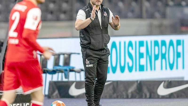 Trainer Steffen Baumgart vom 1. FC Köln steht klatschend am Rand des Spielfelds. Foto: Andreas Gora/dpa