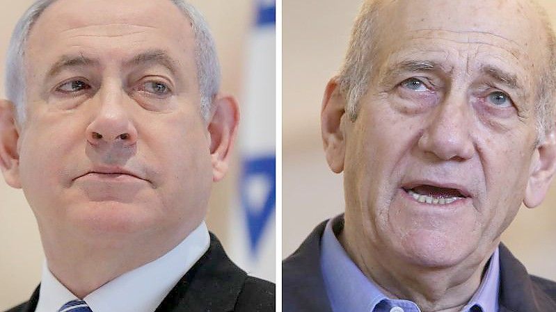 Archivfotos von Benjamin Netanjahu (l), damals Ministerpräsident von Israel, aufgenommen 2020, und Ehud Olmert, ehemaliger israelische Ministerpräsident, im Jahr 2015. Foto: Abir Sultan/Pool European Pressphoto Agency/dpa