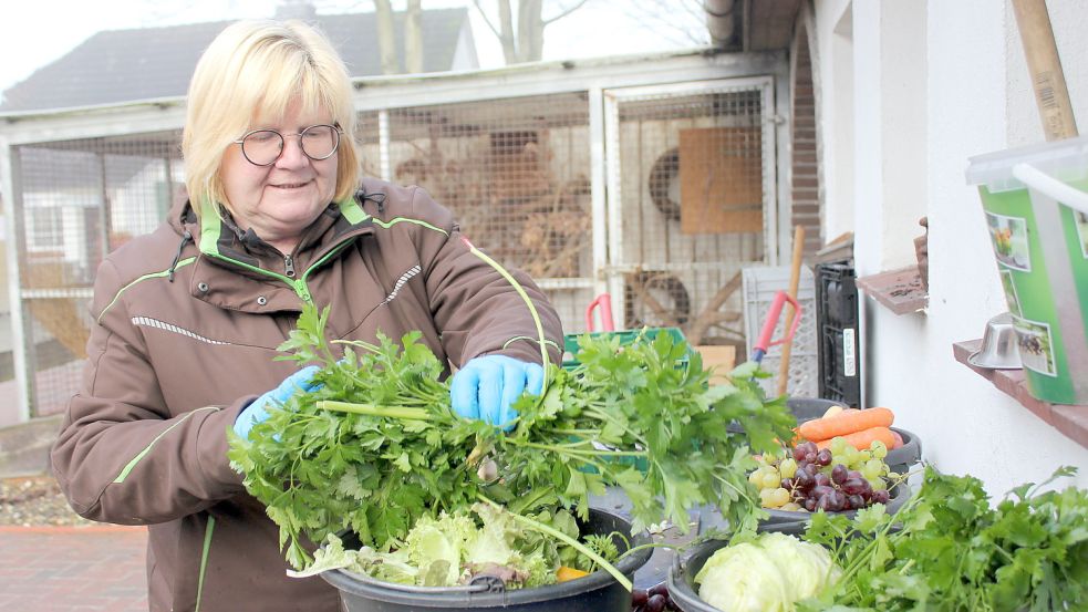 Birgit Philipps steht während der Sanierung der Futterküche draußen, um Gemüse und Obst zu portionieren. Foto: Karin Böhmer