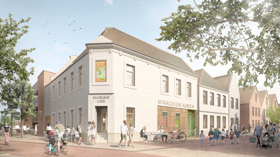 Der Entwurf der Architekten des Unternehmens DBCO (Münster) sieht vor, den alten Eingang auf der Ecke wieder zu öffnen. Im Hintergrund ist links das geplante Parkhaus zu erkennen, rechts geht es in die Osterstraße. Grafik: DBCO