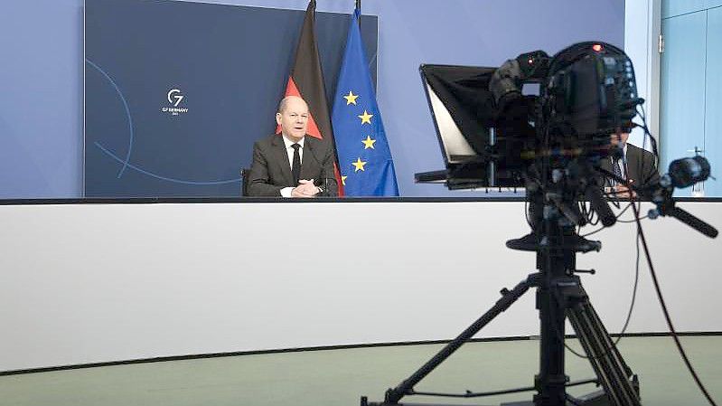 Bundeskanzler Olaf Scholz (SPD) hält eine Rede bei einer Videokonferenz im Rahmen des Weltwirtschaftsforums Davos Agenda 2022. Foto: Markus Schreiber/AP Pool/dpa