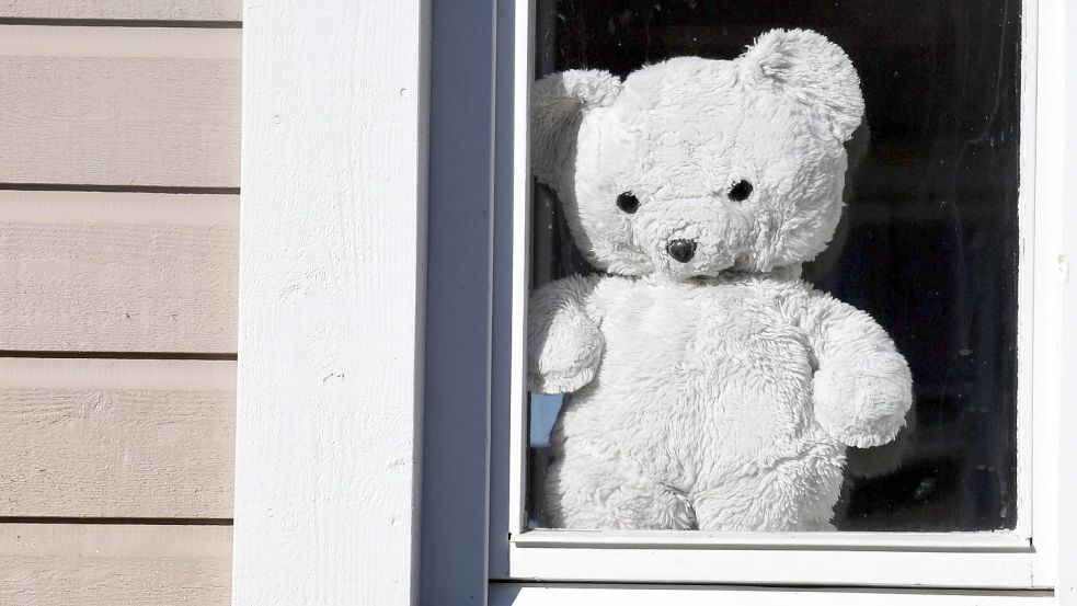 Ein Stoff-Teddybär steht an einem Fenster. Foto: DPA