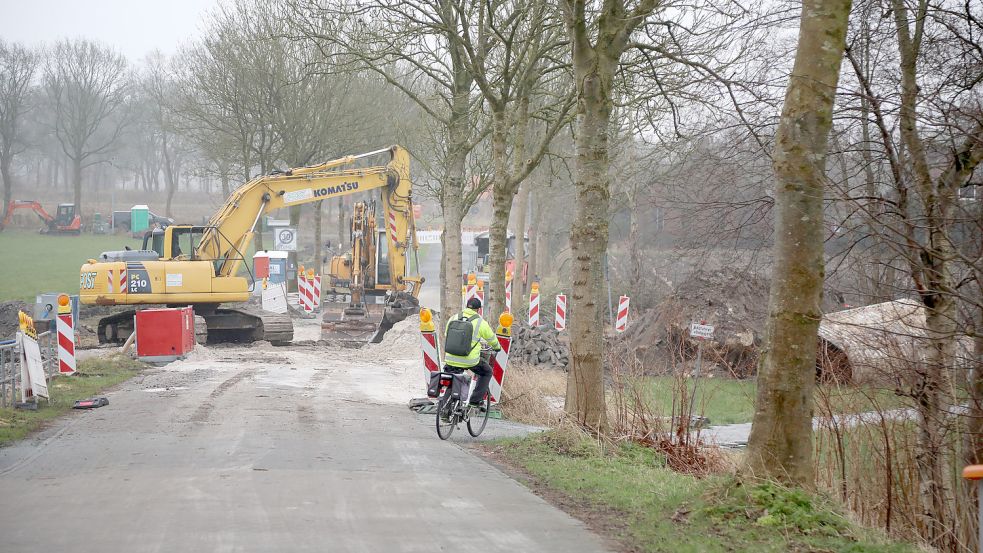 Eine zweite Baustelle liegt an der anderen Seite der Grundschule Upstalsboom. Auch an der Straße Zum Haxtumerfeld sind derzeit die Bagger unterwegs. Foto: Romuald Banik