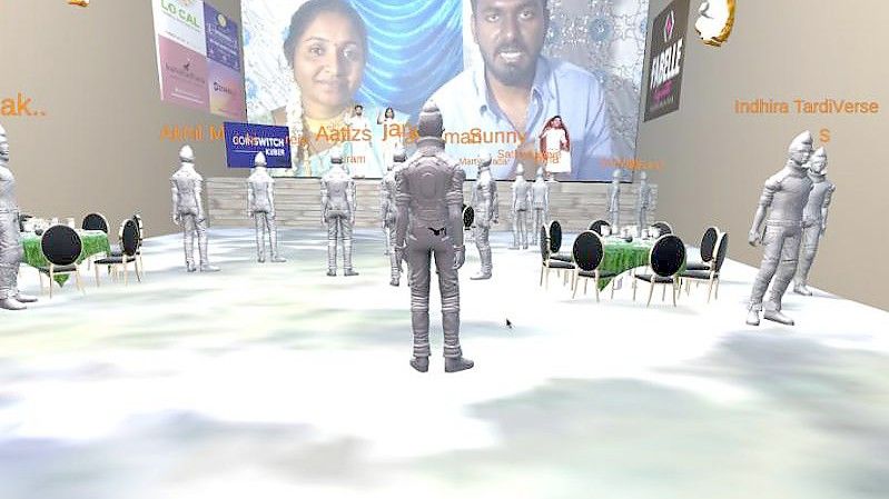 Die Computeranimation zeigt die virtuelle Hochzeit von Janaganandhini Ramaswamy und Dinesh Kshatriya. Foto: Vignesh/TardiVerse/dpa