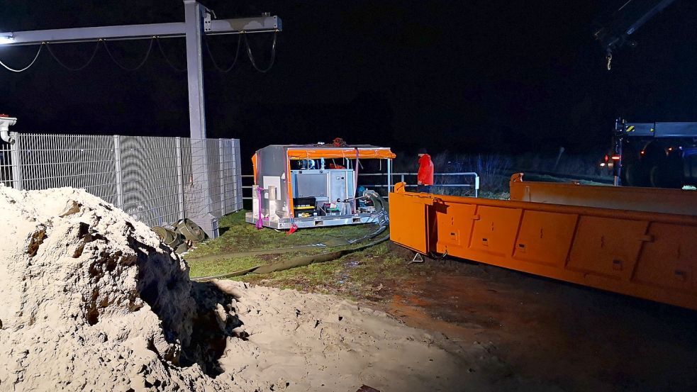 Mit Gerätschaften des Havariekommandos haben THW Norden und NLWKN eine mobile Pumpe am Schöpfwerk aufgebaut. Foto: Karin Böhmer