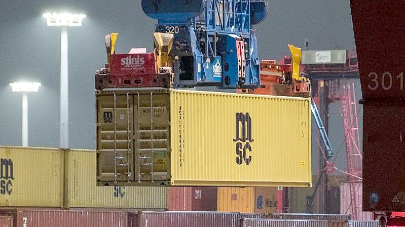 Ein Containerschiff wird im Hamburger Hafen entladen. Foto: Daniel Bockwoldt/dpa