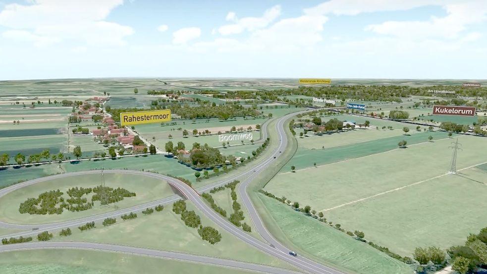 So soll die neue Umgehungsstraße im Bereich Rahe/Kukelorum aussehen. Die Simulation ist im Internet unter der Adresse www.strassenbau.niedersachsen.de/projekte/bundesstrassen/b_210_riepe_aurich_einschl_ortsumgehung_aurich/computersimulation abrufbar.