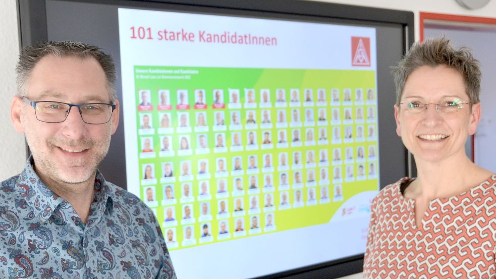Werben für ihre 101 Kandidaten: Der Emder VW-Betriebsratsvorsitzende Manfred Wulff und die örtliche IG Metall-Chefin Franka Helmerichs. Foto: Aiko Recke