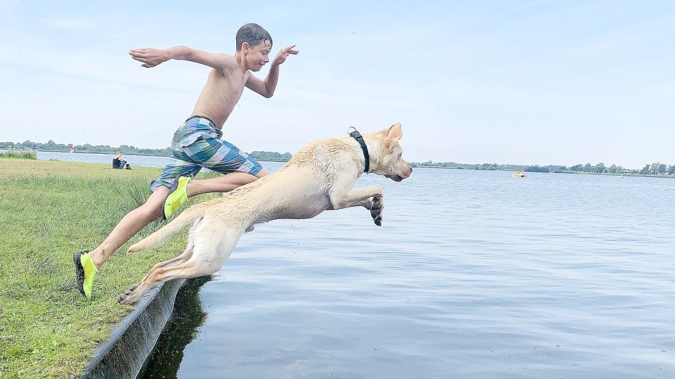 Das Gewinnerfoto aus dem Jahr 2020: Jonah sprang mit seinem Hund Koda ins Große Meer – und Laura Saathoff aus Südbrookmerland drückte im richtigen Moment auf den Auslöser ihrer Kamera. Die Leserinnen und Leser der ON wählten Laura Saathoff schließlich zur ON-Leserfotografin des Jahres 2020.