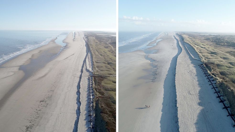 Luftaufnahmen des Strandabschnitts vor dem Pirolatal auf Langeoog im März 2022 (rechts) im Vergleich zum Herbst 2021: Die Abbruchkante ist deutlich erkennbar. Foto: NLWKN