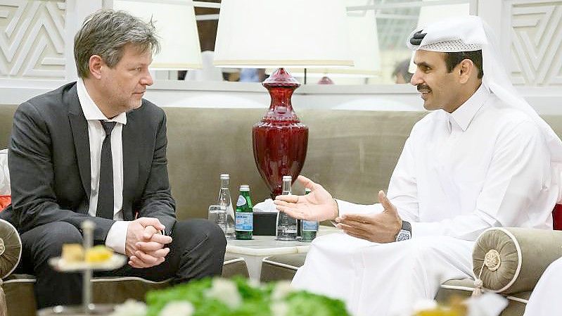 Bundeswirtschaftsminister Robert Habeck im Gespräch mit Katars Energieminister Saad Scharida al-Kaabi. Foto: Bernd von Jutrczenka/dpa