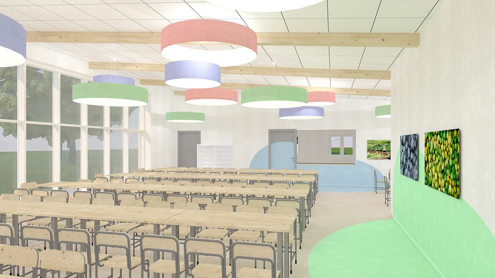 So soll die neue Mensa in der Grundschule „Im Spiet“ von innen aussehen. Visualisierung: Kremer und Kremer Architektur GmbH