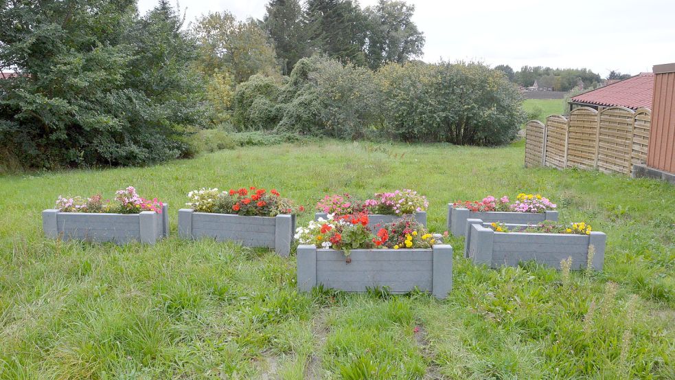Nicht nur Blumenkästen (wie auf diesem Bild aus dem Jahr 2018) sollen künftig das Grundstück „Am Markt 13“ in Marienhafe aufwerten. Geplant ist ein Spiel- und Erlebnispunkt. Foto: Thomas Dirks