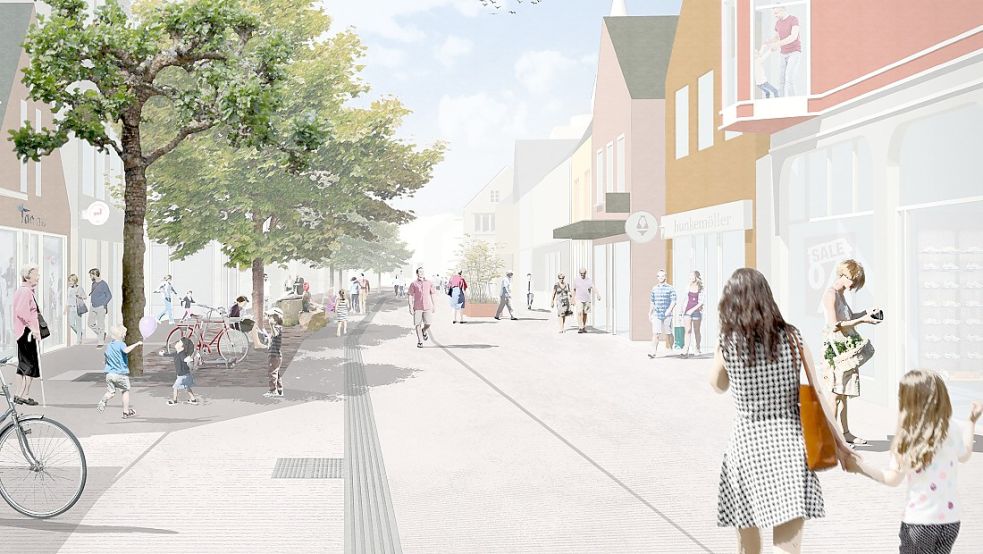 So soll sie künftig aussehen, die erneuerte Auricher Fußgängerzone (hier die Burgstraße). Grafik: Stadt Aurich