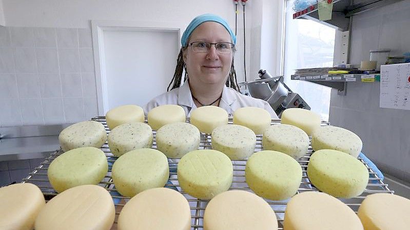 Inhaberin Claudia Lahl präsentiert in der Landmanufaktur NaturWunderBar veganen Käse. Foto: Bodo Schackow/dpa-zentralbild/dpa