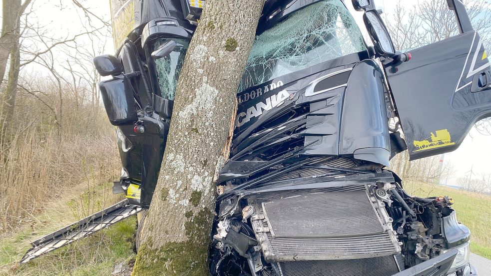 Ein Lastwagenfahrer kam in Dornum von der Fahrbahn ab und prallte gegen einen Baum. Foto. Siebels