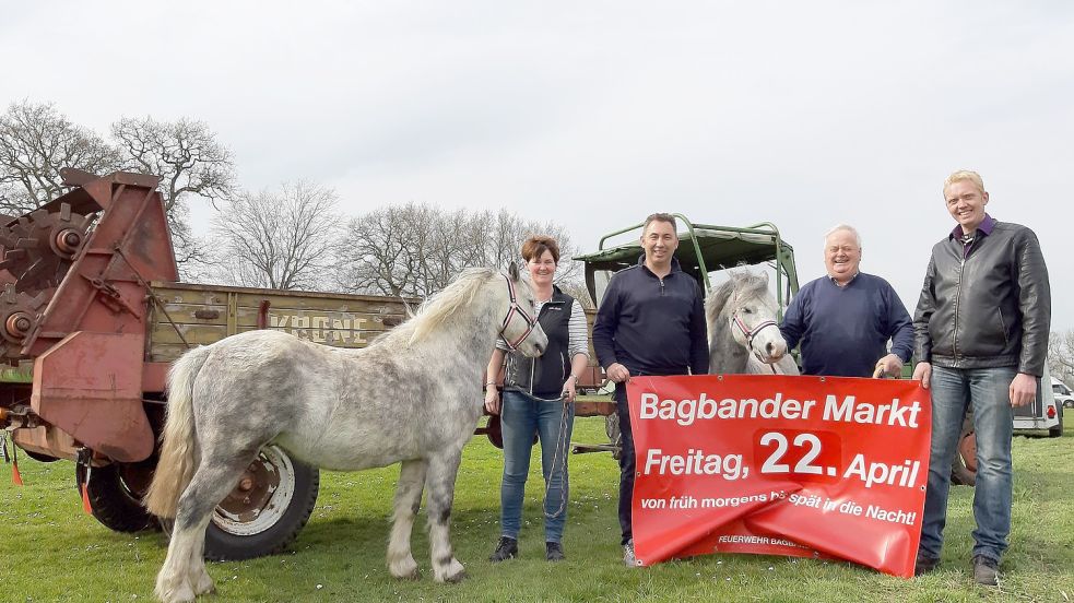 Die ersten Ponys waren schon mal probeweise auf der Wiese. Claudia Onnen, Marktmeister Erwin Onnen, der ehemalige Ortsbürgermeister Helmuth Krüsmann und sein Nachfolger Heiko Hinrichs freuen sich schon, wenn es nächste Woche auf dem Viehmarkt noch ein paar mehr sind und der Bagbander Markt beginnt. Foto: Ann-Kathrin Stapf