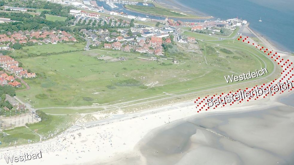 Am Westdeich auf Norderney wird eine Schutzkonstruktion gebaut (schraffierte Fläche). Foto: NLWKN