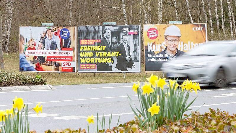 Wahlplakate in Mölln. Am 8. Mai finden in Schleswig-Holstein die Landtagswahlen statt. Foto: Ulrich Perrey/dpa