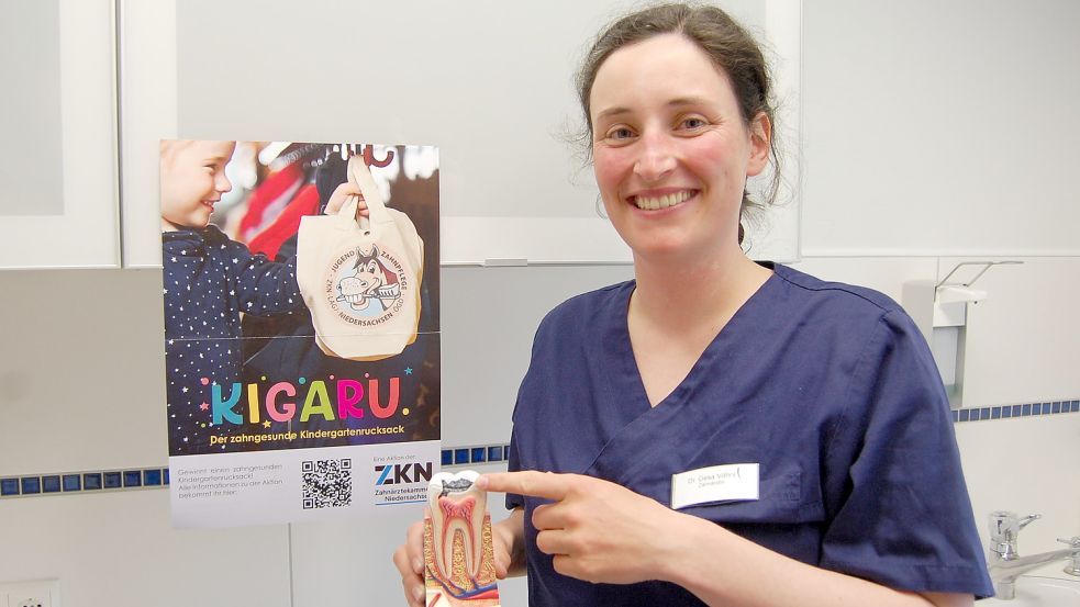 Die Zahnärztin Dr. Gesa Vöhrs zeigt an einem Modell, wie Karies aussieht. Die neue Aktion „Kigaru“, soll dazu beitragen, Kinder unter drei Jahren für Zahngesundheit zu sensibilisieren. Foto: Imke Cirksena