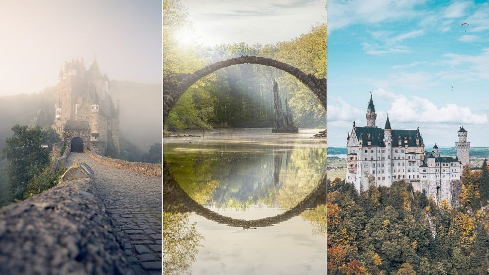 Die Burg Eltz in Rheinland-Pfalz, die Rakotzbrücke in Sachsen und Schloss Neuschwanstein in Bayern sind nur einige der Orte, an denen Du Dich wie im Märchen fühlen kannst. Foto: Unsplash/Niklas Bischop; Imago images/imagebroker; Unsplash/David Sjunnesson