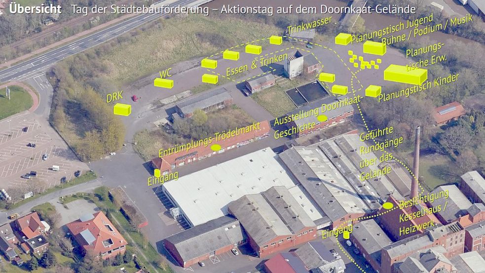 Unter anderem Führungen über das Gelände, Ausstellungen und Planungstische erwarten die Besucher am Sonnabend auf dem Doornkaat-Gelände in Norden. Grafik: Stadt Norden
